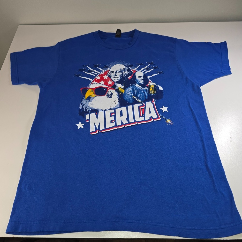 Merica T-shirt Men Large Blue Patriotic Eagle‎ 4th of July Patriotic Summer Rack